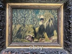 Oil on Wood Late 19th Century Two Lions Signature to Identify