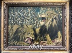 Oil on Wood Late 19th Century Two Lions Signature to Identify