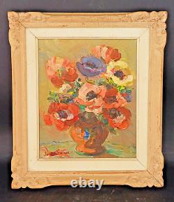 Oil on Wood Painting Knife Artwork Bouquet of Flowers Signed Juliette Bonnot