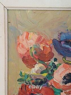 Oil on Wood Painting Knife Artwork Bouquet of Flowers Signed Juliette Bonnot
