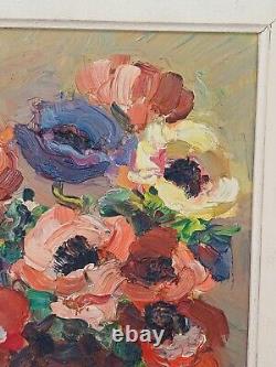 Oil on Wood Painting Knife Artwork Bouquet of Flowers Signed Juliette Bonnot