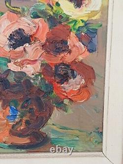 Oil on Wood Painting Knife Artwork Bouquet of Flowers Signed Juliette Bonnot