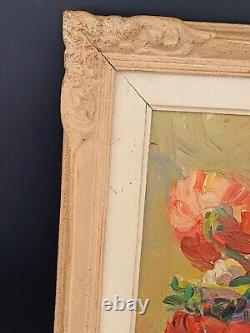 Oil on Wood Painting Knife Artwork Bouquet of Flowers Signed Juliette Bonnot