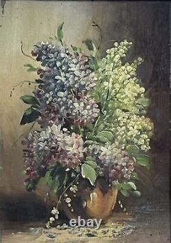 Oil on Wood Still Life Flowers Lilacs circa 1900