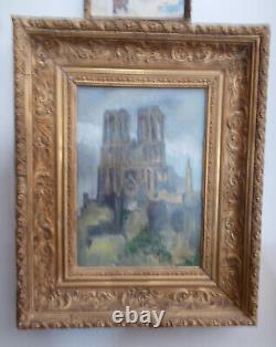 Oil on canvas: Reims Cathedral under the bombs, old gilded wooden frame.