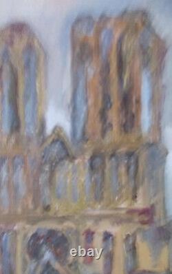 Oil on canvas: Reims Cathedral under the bombs, old gilded wooden frame.
