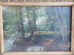Oil on canvas anonymous painting Underwood with shepherdess French school Barbizon 19th century
