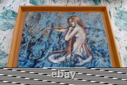 Oil on canvas by Jo Le Bouder, depicting a mermaid in the sea, wooden frame