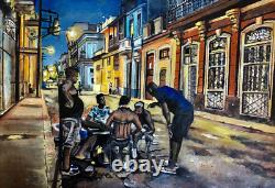 Oil on canvas painting, Havana 2, 2020. Street scene, the chess players