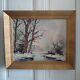 Oil On Canvas Signed Winter Landscape Under Snowy River Edge Woods