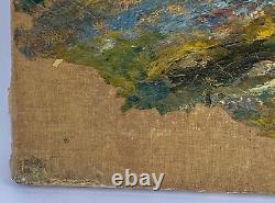 Oil on canvas under wood late 19th century forest knife painting signed A4021