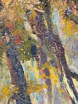 Oil on canvas under wood late 19th century forest knife painting signed A4021