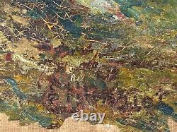 Oil on canvas under wood late 19th century forest knife painting signed A4021