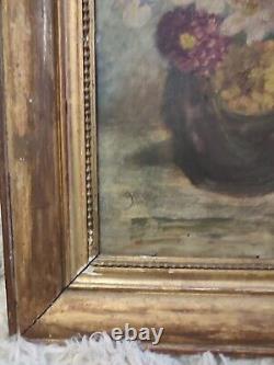 Oil on cardboard signed Still life with flower bouquet gilt wood frame 1936