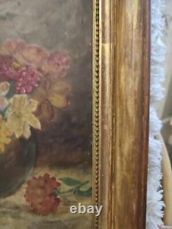 Oil on cardboard signed Still life with flower bouquet gilt wood frame 1936