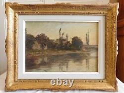 Oil on panel Chanaz village with bridge and church in gold frame dated 1908