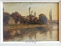 Oil on panel Chanaz village with bridge and church in gold frame dated 1908