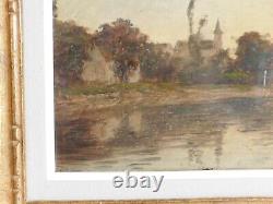 Oil on panel Chanaz village with bridge and church in gold frame dated 1908