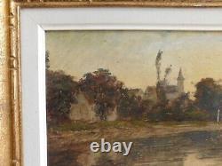 Oil on panel Chanaz village with bridge and church in gold frame dated 1908