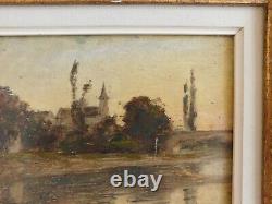 Oil on panel Chanaz village with bridge and church in gold frame dated 1908