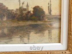 Oil on panel Chanaz village with bridge and church in gold frame dated 1908