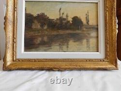 Oil on panel Chanaz village with bridge and church in gold frame dated 1908