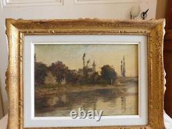 Oil on panel Chanaz village with bridge and church in gold frame dated 1908