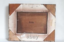 Oil on panel Three-masted ship at port at dusk signed gilded wooden frame