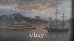 Oil on panel Three-masted ship at port at dusk signed gilded wooden frame