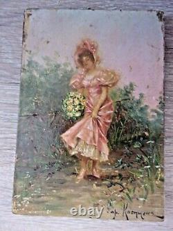 Oil on panel WOMAN WITH A BOUQUET SBD French School early 19th century