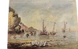 Oil on panel, fishing sailboats on stilts, signed, 162 x 220 mm