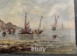 Oil on panel, fishing sailboats on stilts, signed, 162 x 220 mm