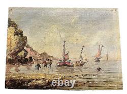 Oil on panel, fishing sailboats on stilts, signed, 162 x 220 mm