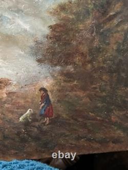 Oil on panel, woodland scene with figures in chiaroscuro, signed Herbold