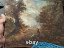 Oil on panel, woodland scene with figures in chiaroscuro, signed Herbold