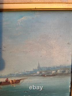 Oil on wood Marine with fishermen signed Godchaux