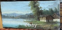 Oil on wood XIXth Landscape Lakeside The Fisherman