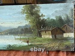 Oil on wood XIXth Landscape Lakeside The Fisherman