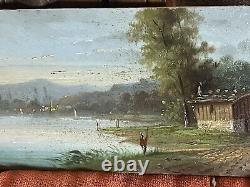 Oil on wood XIXth Landscape Lakeside The Fisherman