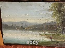 Oil on wood XIXth Landscape Lakeside The Fisherman