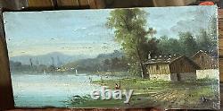 Oil on wood XIXth Landscape Lakeside The Fisherman