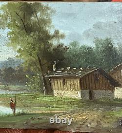 Oil on wood XIXth Landscape Lakeside The Fisherman