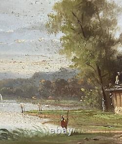 Oil on wood XIXth Landscape Lakeside The Fisherman