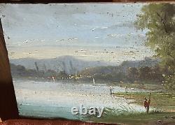 Oil on wood XIXth Landscape Lakeside The Fisherman