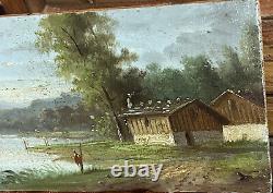 Oil on wood XIXth Landscape Lakeside The Fisherman