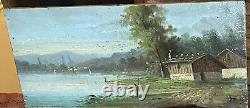 Oil on wood XIXth Landscape Lakeside The Fisherman