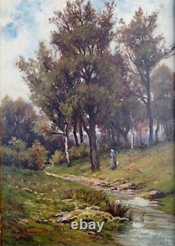 Oil on wood landscape signed A. Dautrebande, Belgian painter 19th century