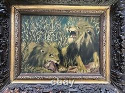 Oil on wood late 19th century Two Lions Signature to Identify