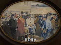 Oil on wood panel Breton market scene 20th century by Lhermitte A5128