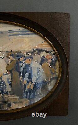 Oil on wood panel Breton market scene 20th century by Lhermitte A5128